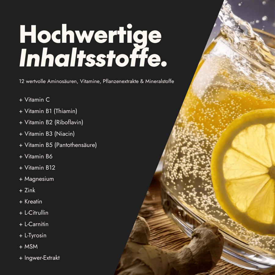 Nahaufnahme eines Getränks mit Zitrone und Ingwer. Text zu hochwertigen Inhaltsstoffen wie Zink, Vitamin C, Magnesium, Vitamin B3 und B5 zur Unterstützung von Körperfunktionen und Energie.