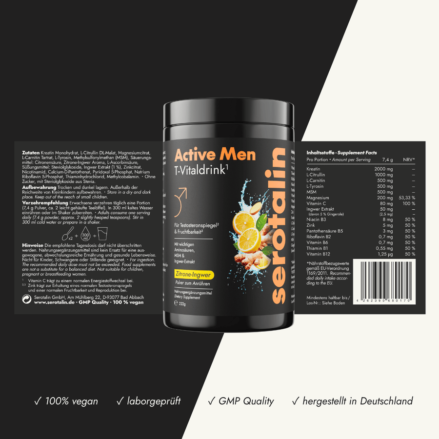 Detailaufnahme des Serotalin-Etiketts mit Inhaltsstoffen und Dosierung pro Portion. Enthält Vitamine (C, B1, B2, B3, B5, B6, B12), Mineralstoffe (Magnesium, Zink) sowie Kreatin, L-Citrullin, L-Carnitin, MSM und Ingwer-Extrakt. Hinweise zu Qualität: vegan, laborgeprüft, GMP-zertifiziert, hergestellt in Deutschland.
