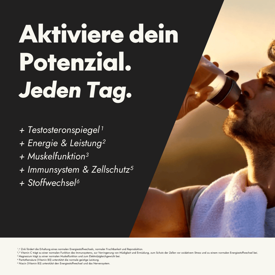 Sportlicher Mann trinkt aus einem Shaker mit Text: „Aktiviere dein Potenzial. Jeden Tag.“ Auflistung der Vorteile der Inhaltsstoffe