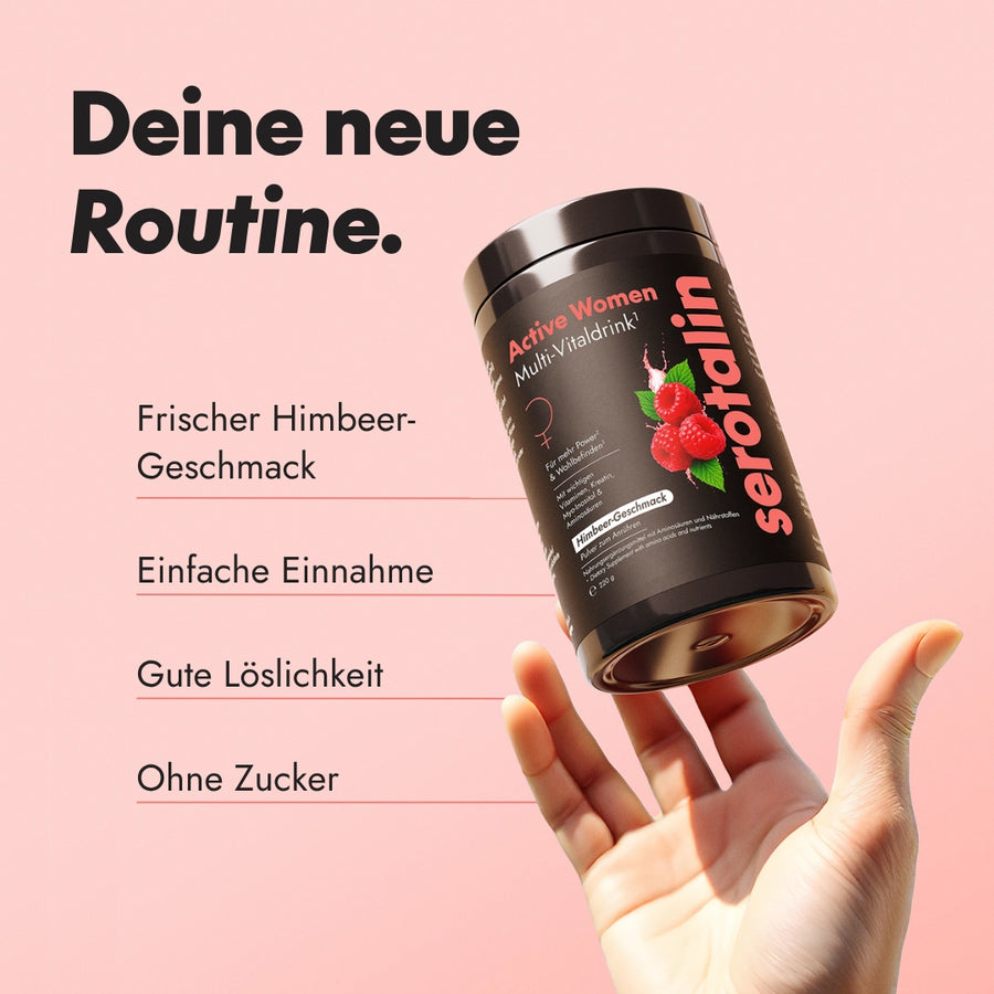 Einnahmeempfehlung für Serotalin Active Women Multi-Vitaldrink – frischer Himbeergeschmack, einfache EInnahme, gute Löslichkeit, ohne Zucker, Zubereitung mit Wasser, tägliche Dosierung