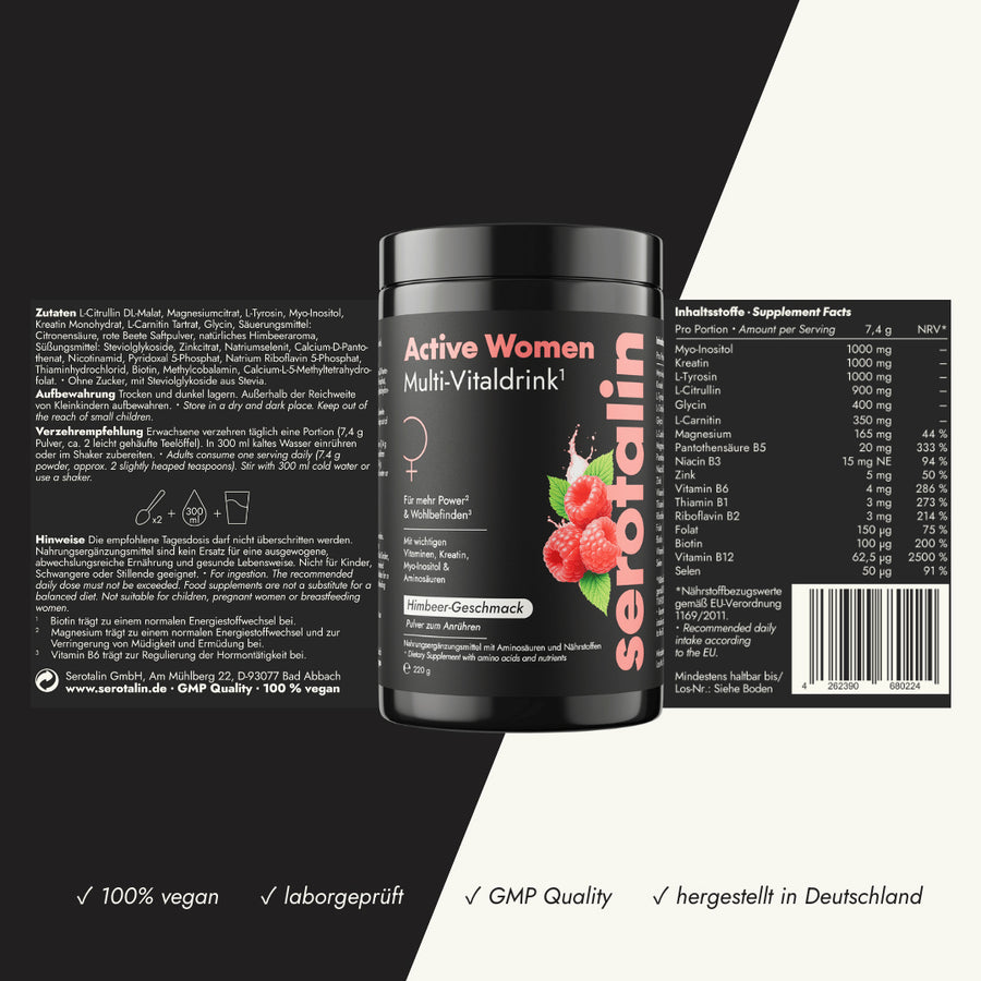 Etikett und Zutatenliste des Serotalin Active Women Multi-Vitaldrink – Inhaltsstoffe und Nährwerte im Überblick & Qualitätsversprechen – Made in Germany, vegan, laborgeprüft