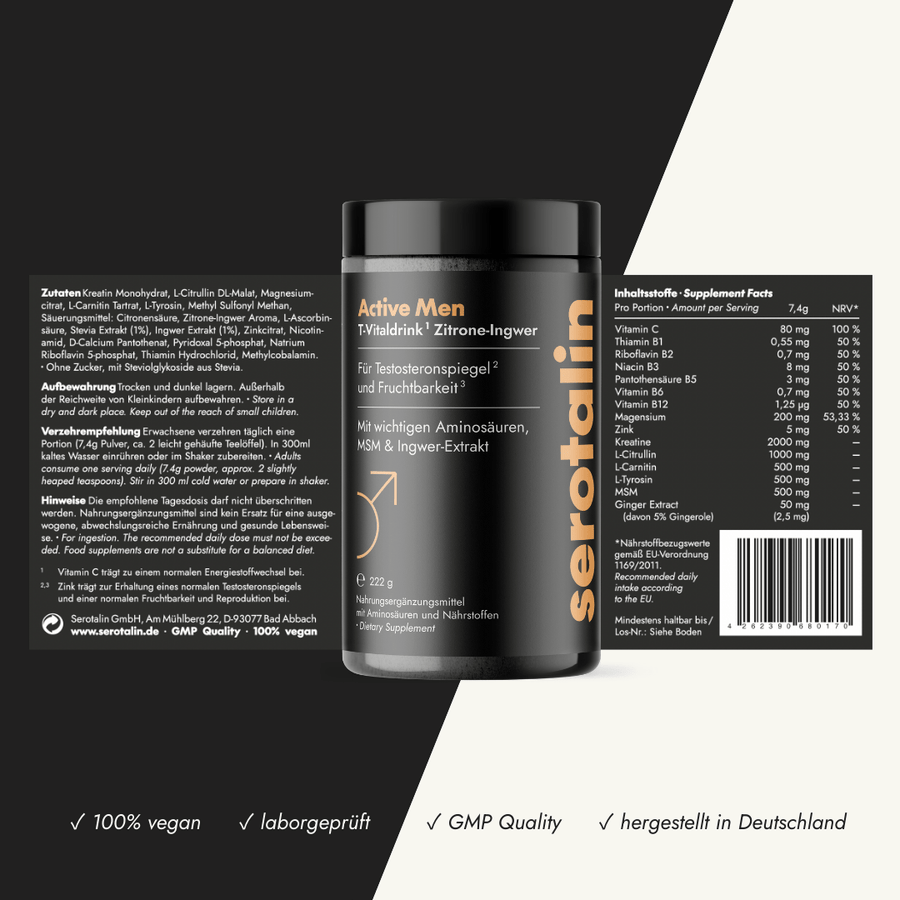 Detailaufnahme des Serotalin-Etiketts mit Inhaltsstoffen und Dosierung pro Portion. Enthält Vitamine (C, B1, B2, B3, B5, B6, B12), Mineralstoffe (Magnesium, Zink) sowie Kreatin, L-Citrullin, L-Carnitin, MSM und Ingwer-Extrakt. Hinweise zu Qualität: vegan, laborgeprüft, GMP-zertifiziert, hergestellt in Deutschland.