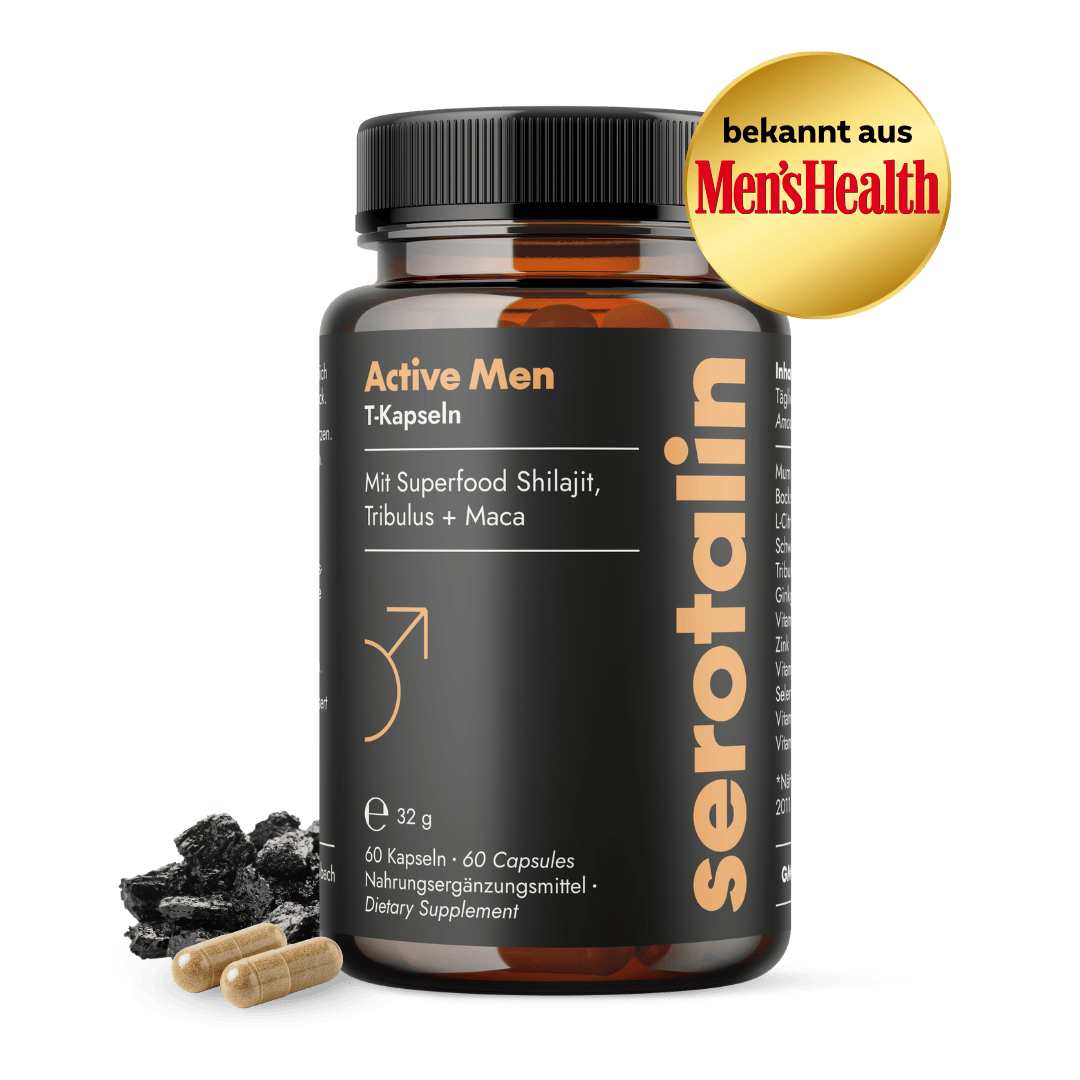 NEU Produktbild der Serotalin Active Men T-Kapseln mit Hinweis auf kostenlosen Testo-Guide
