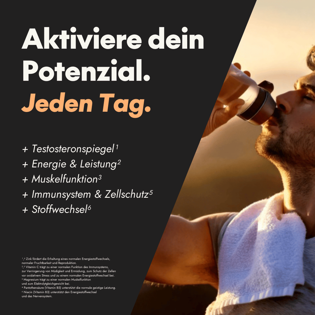 Sportlicher Mann trinkt aus einem Shaker mit Text: „Aktiviere dein Potenzial. Jeden Tag.“ Auflistung der Vorteile der Inhaltsstoffe