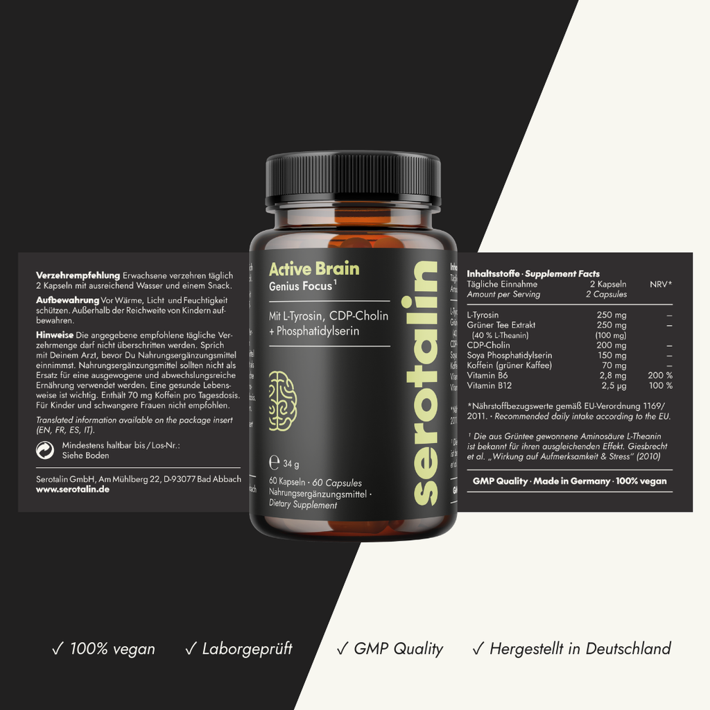 NEU Produktbild – Etikett mit Zutatenliste der Genius Focus Kapseln