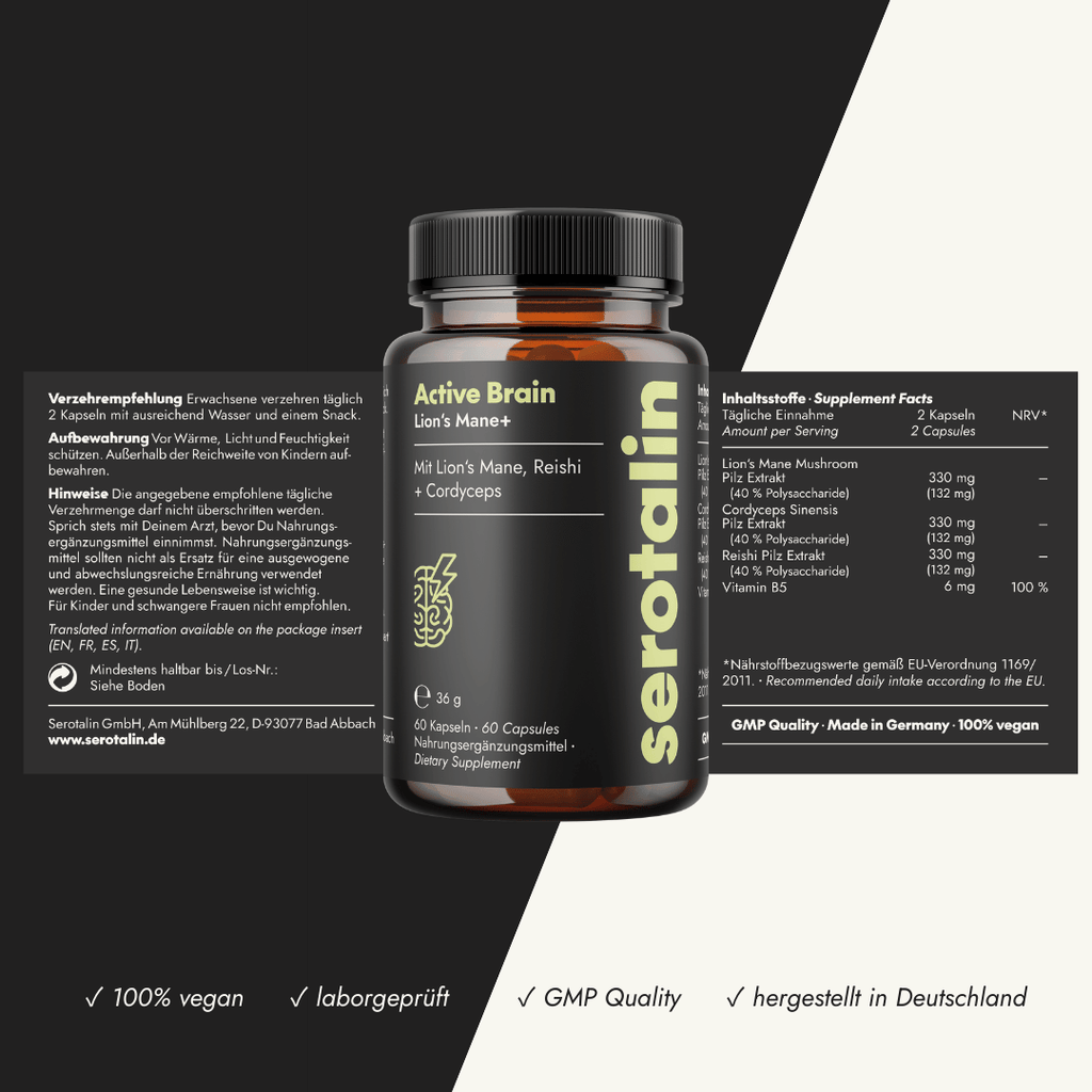 NEU Produktbild – Zutatenliste der Serotalin Lion’s Mane Nahrungsergänzung