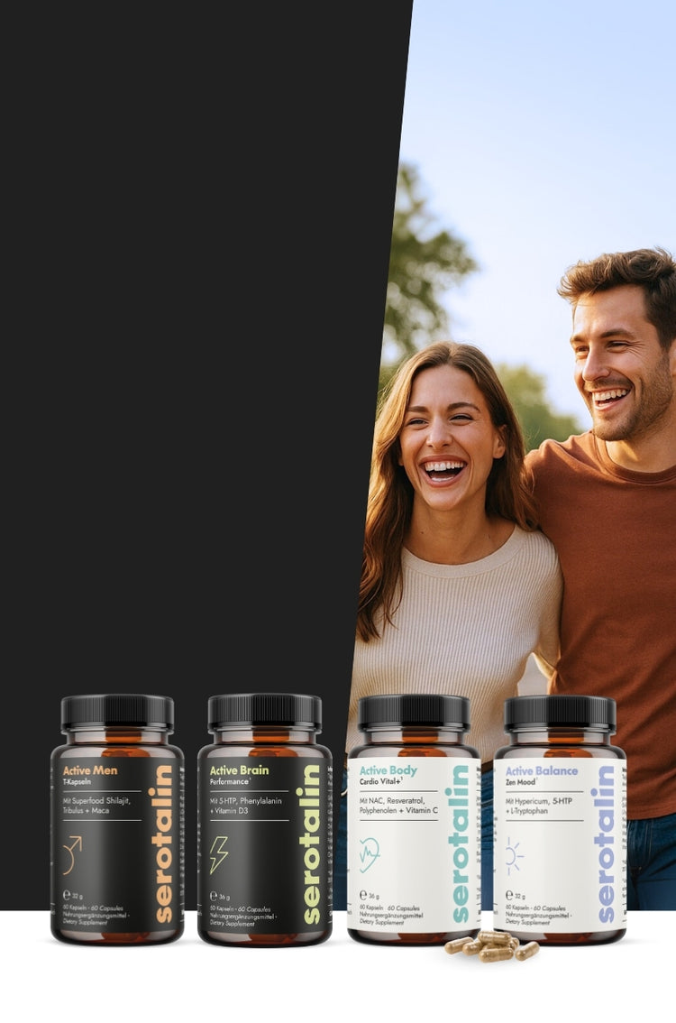 Bild mit serotalin-Kapselprodukten und glücklicher Frau und Mann