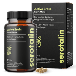 NEU Produktbild mit Verpackung – Hauptdarstellung der Serotalin Active Brain Lion’s Mane Nahrungsergänzung