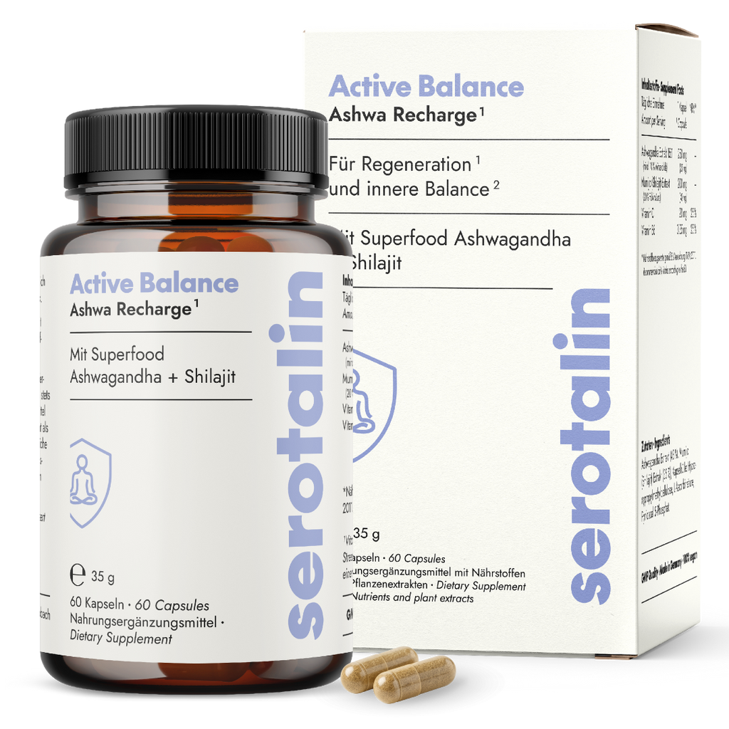 NEU Produktbild mit Verpackung – Serotalin Active Balance Ashwa Recharge als Nahrungsergänzung im Hauptmotiv