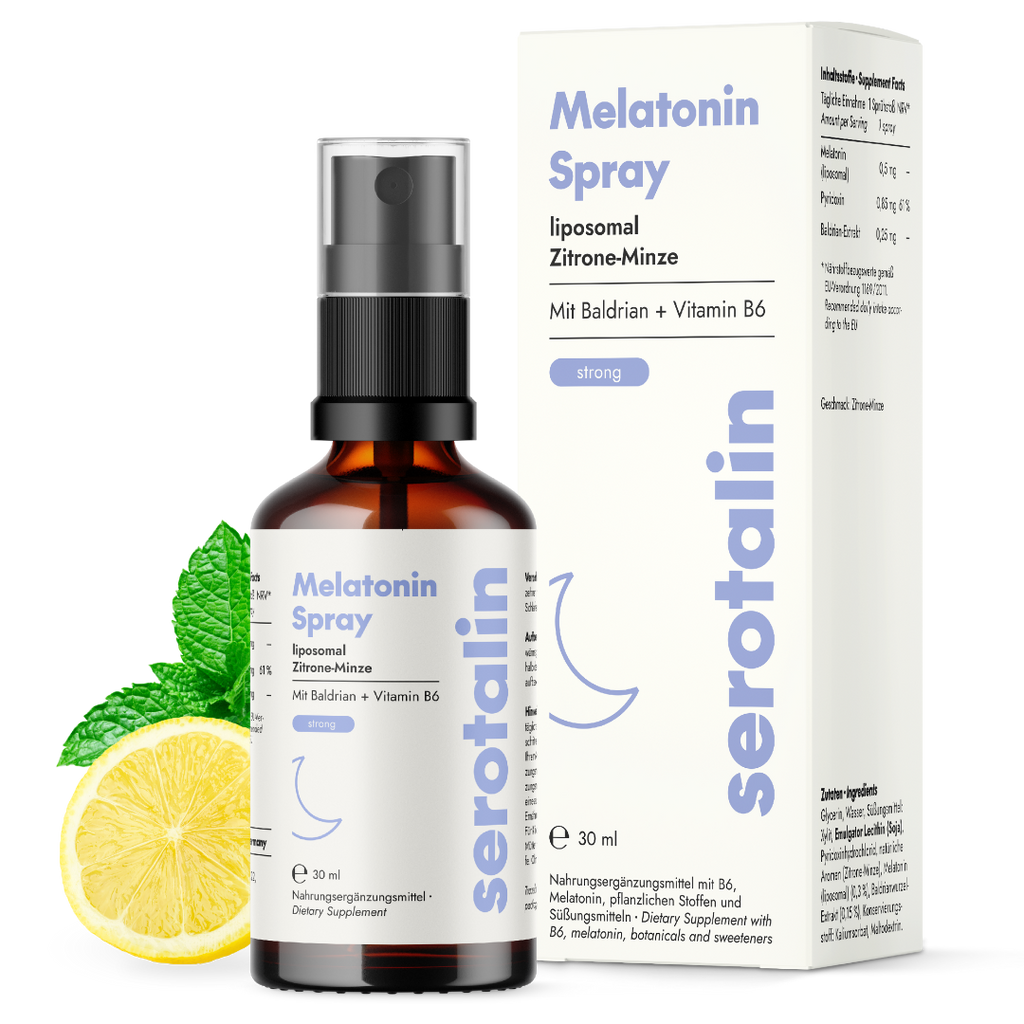 NEU Produktbild mit Verpackung – Hauptansicht des Serotalin Active Balance Melatoninsprays liposomal