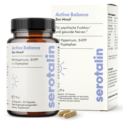 NEU Produktbild mit Verpackung – Hauptansicht der Serotalin Active Balance Zen Mood Nahrungsergänzung