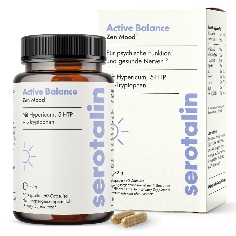 NEU Produktbild mit Verpackung – Hauptansicht der Serotalin Active Balance Zen Mood Nahrungsergänzung