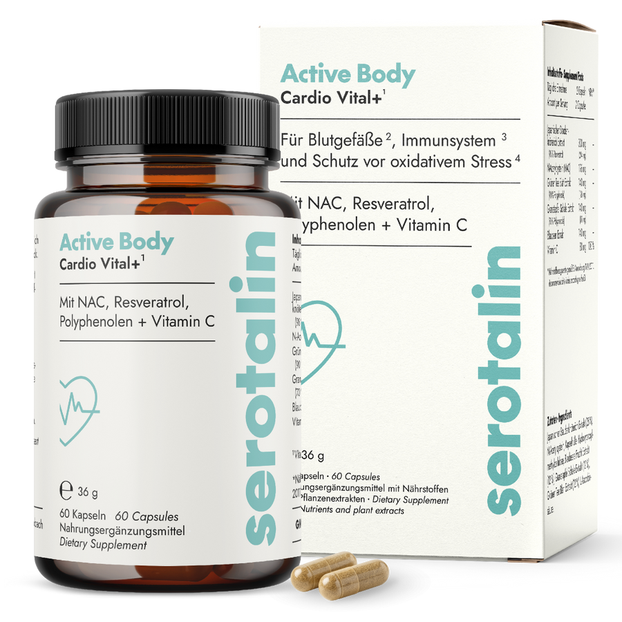 NEU Produktbild mit Verpackung – Hauptdarstellung der Serotalin Active Body Cardio Vital Nahrungsergänzung