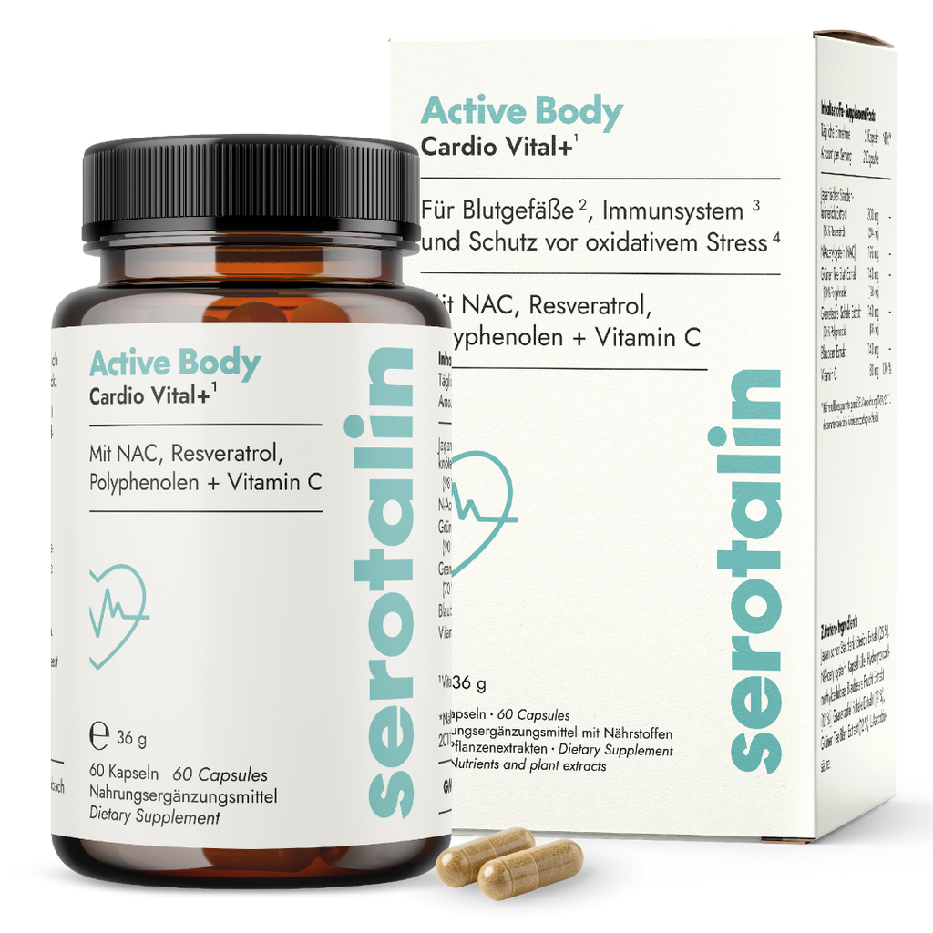 NEU Produktbild mit Verpackung – Hauptdarstellung der Serotalin Active Body Cardio Vital Nahrungsergänzung