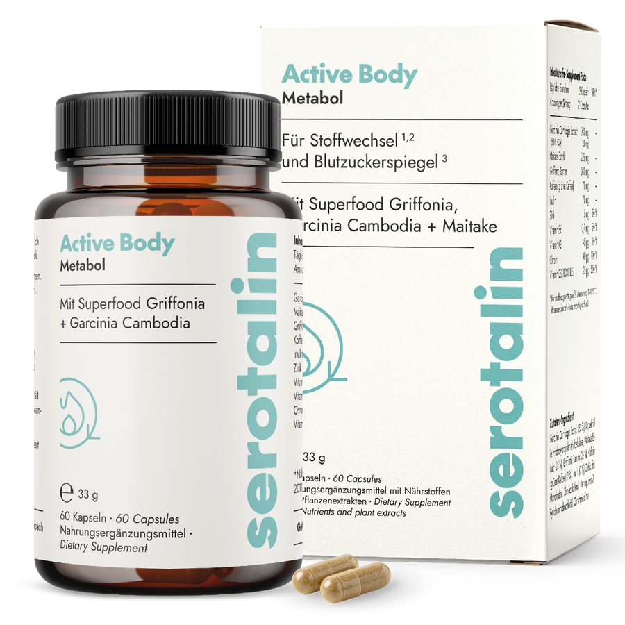 NEU Produktbild mit Verpackung – Hauptansicht der Serotalin Active Body Metabol Nahrungsergänzung