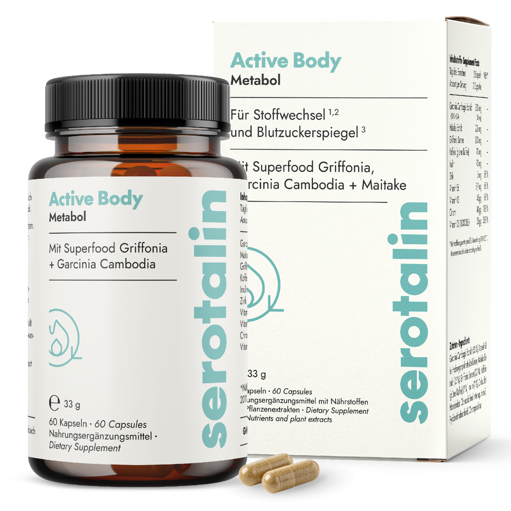 NEU Produktbild mit Verpackung – Hauptansicht der Serotalin Active Body Metabol Nahrungsergänzung