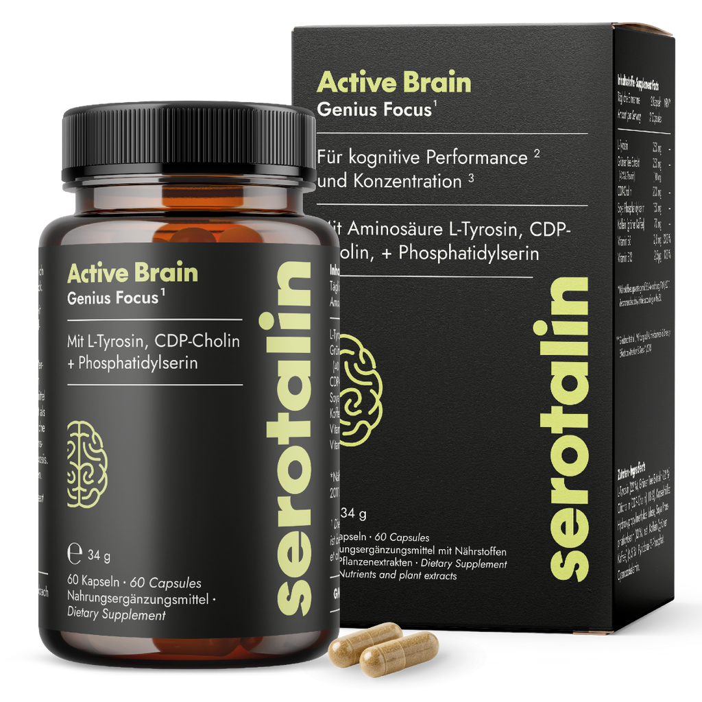 NEU Produktbild mit Verpackung – Hauptdarstellung der Serotalin Active Brain Genius Focus Nahrungsergänzung