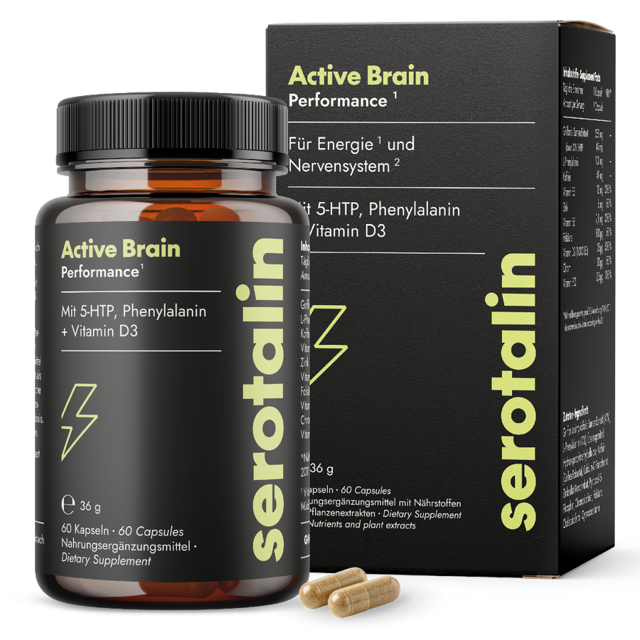 NEU Produktbild mit Verpackung – Hauptdarstellung der Serotalin Active Brain Performance Nahrungsergänzung