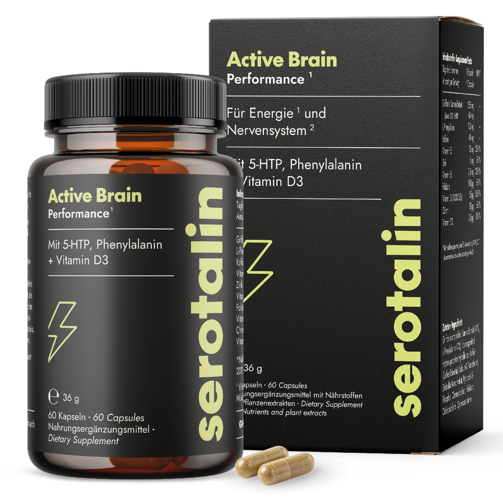 NEU Produktbild mit Verpackung – Hauptdarstellung der Serotalin Active Brain Performance Nahrungsergänzung