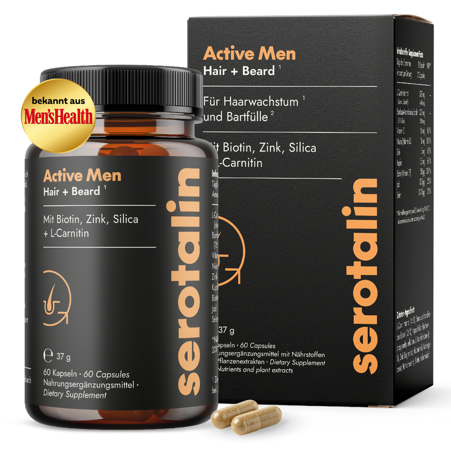 NEU Produktbild mit Verpackung – Hauptansicht der Serotalin Active Men Hair & Beard Nahrungsergänzung