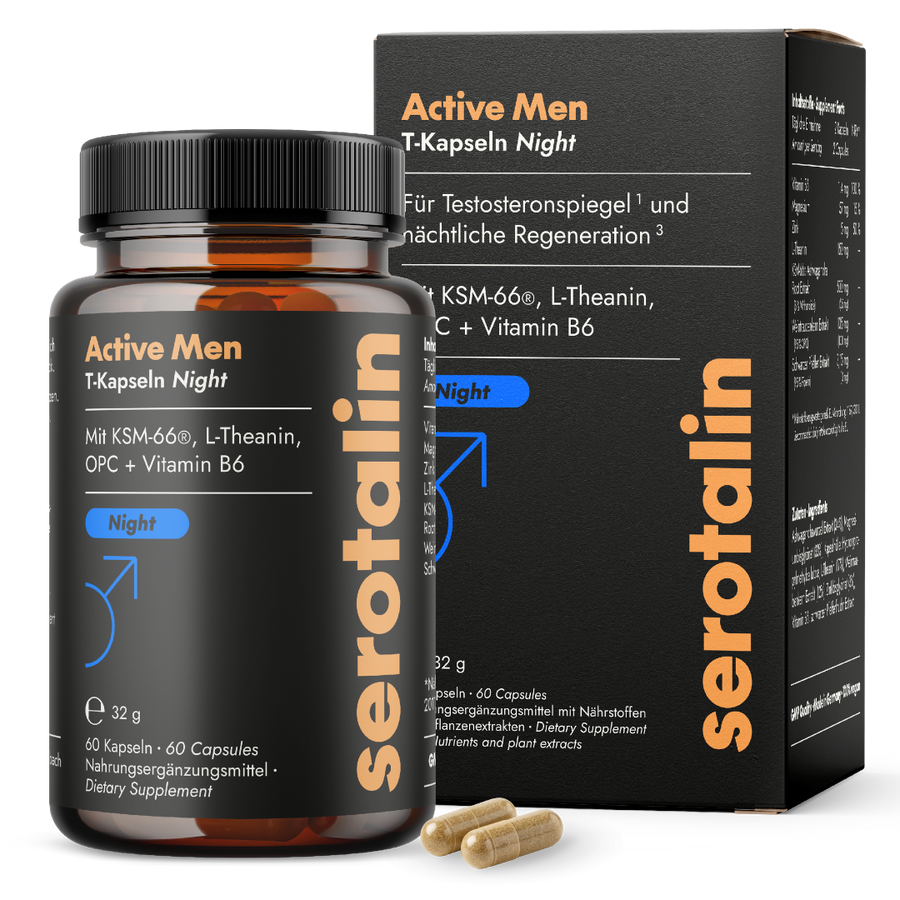 NEU Produktbild mit Verpackung – Hauptdarstellung der Serotalin Active Men T-Kapseln Night (Nahrungsergänzung)
