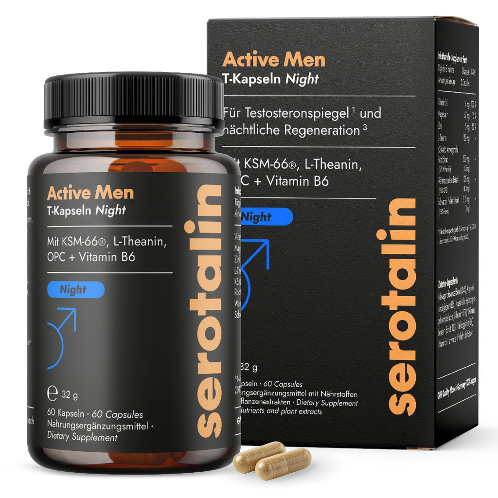 NEU Produktbild mit Verpackung – Hauptdarstellung der Serotalin Active Men T-Kapseln Night (Nahrungsergänzung)