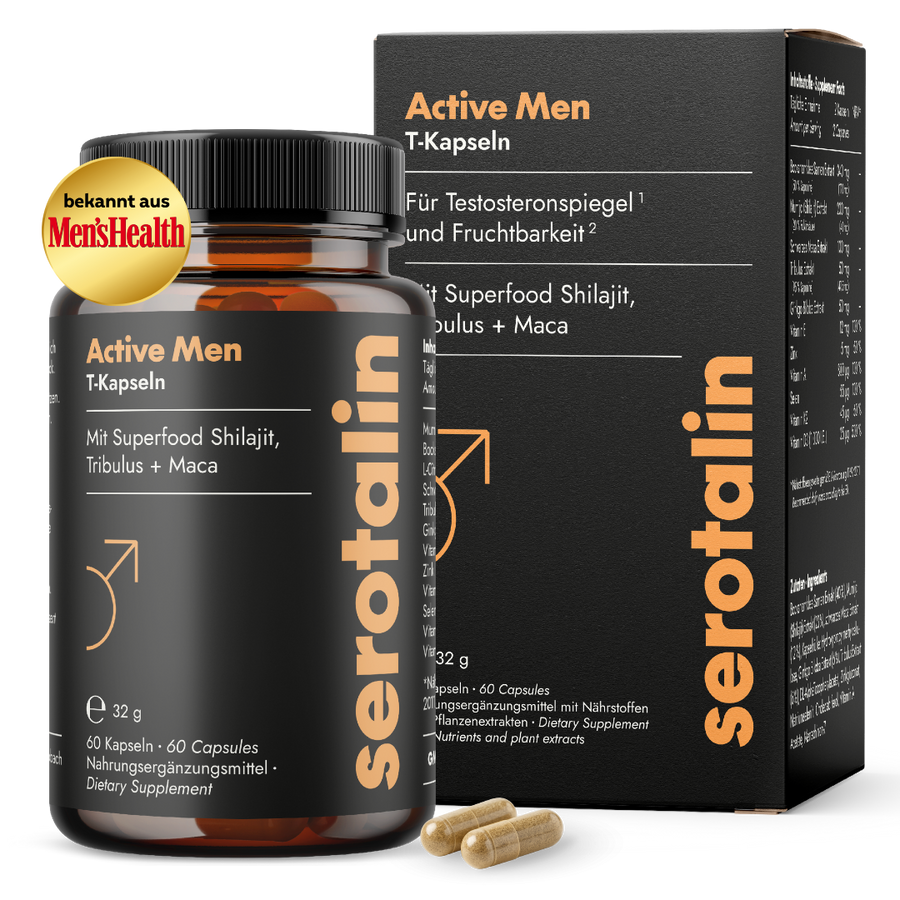 NEU Produktbild mit Verpackung - der Serotalin Active Men T-Kapseln mit Hinweis auf kostenlosen Testo-Guide