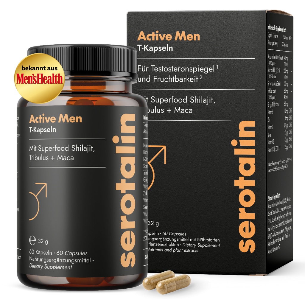 NEU Produktbild mit Verpackung - der Serotalin Active Men T-Kapseln mit Hinweis auf kostenlosen Testo-Guide